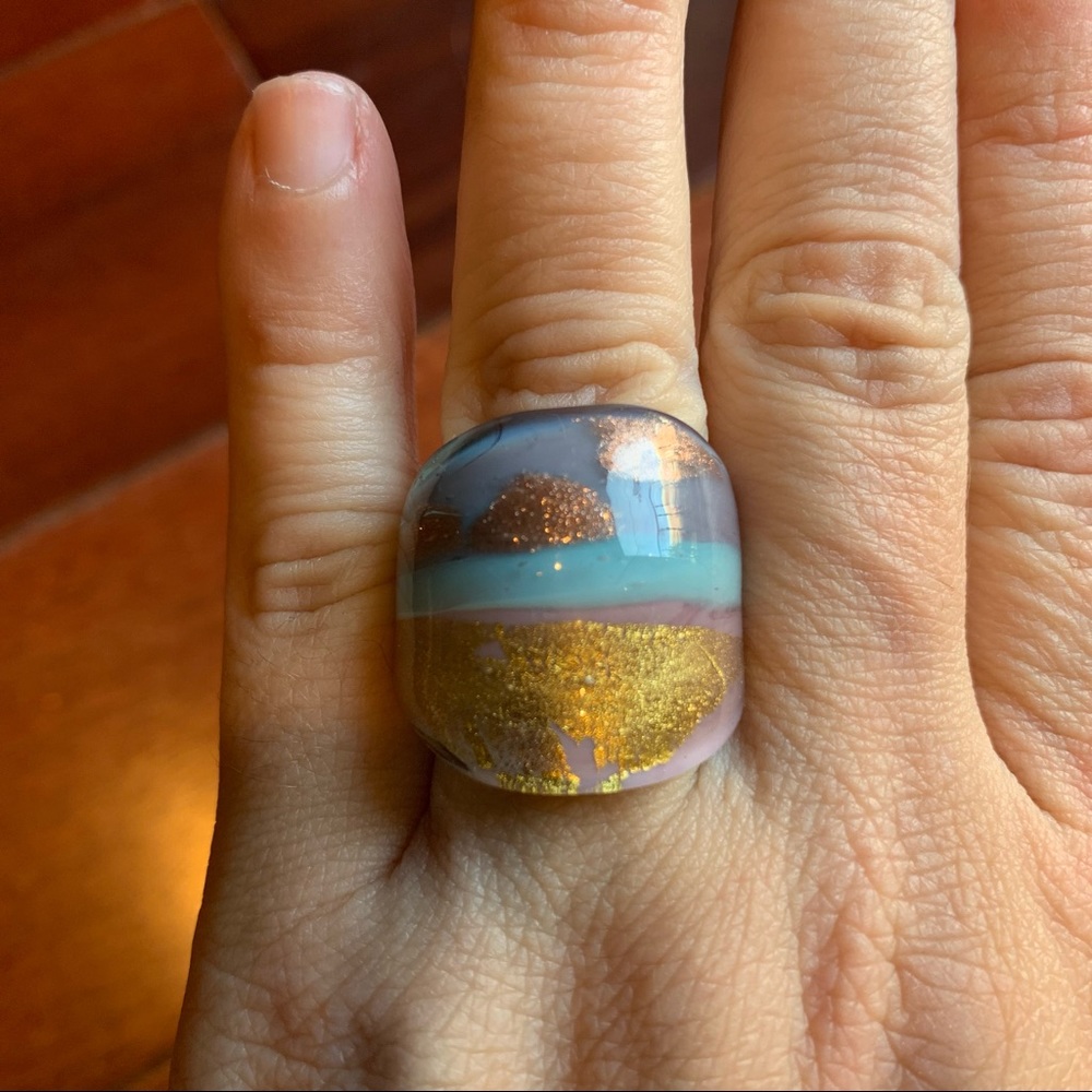 Murano Glass Ring Italy Blue Gold Tone Sparkly